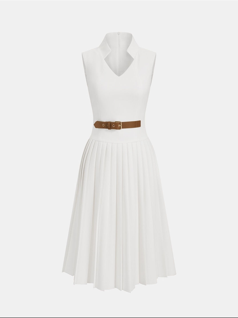 Commense White Pleated Midi Dress with Brown Belt